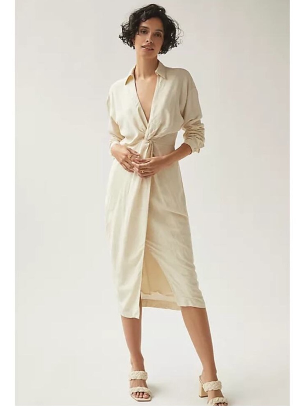 ANTHROPOLOGIE Linen Blend Twist Front Midi Dress Neutral Minimalist Quiet Luxury